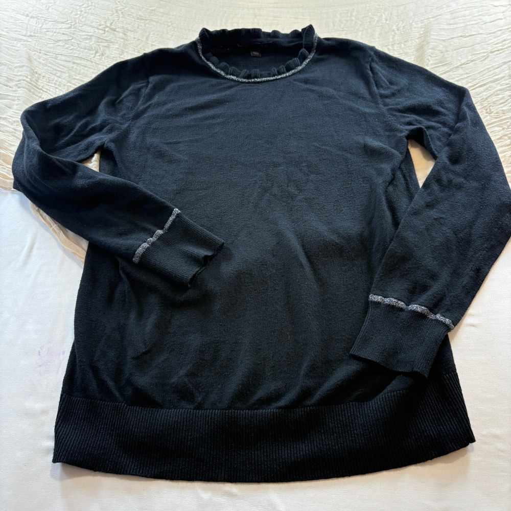 Banana Republic Womens Black Tight Knit Ruffled Neck Long Sleeve Sweater Sz XS